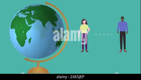 In der Schule stehen zwei Schüler in der Nähe eines großen Globus Stockfoto