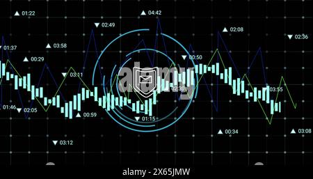 Bild der Datenverarbeitung über dem Sicherheitsschild-Symbol auf rundem Scanner vor schwarzem Hintergrund Stockfoto
