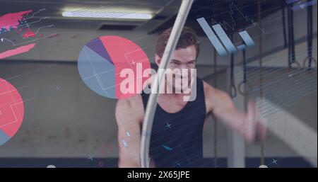 Bild von Grafiken und Daten über kaukasische Männer, die im Fitnessstudio trainieren Stockfoto