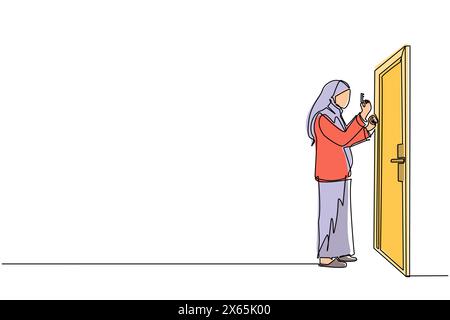 Eine einzeilige arabische Geschäftsfrau hebt den Schlüssel vor der Tür. Frau, die den Schlüssel hält, um die Tür zum Bürozimmer zu öffnen. Beginnen Sie den Morgen mit Geist bis Stock Vektor