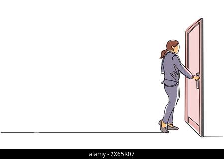 Einzelne durchgehende Linienzeichnung Geschäftsfrau mit Türknauf. Betreten des Raums im Bürogebäude. Das Mädchen hält den Türknopf, um die Tür zu öffnen und die Arbeit zu betreten Stock Vektor