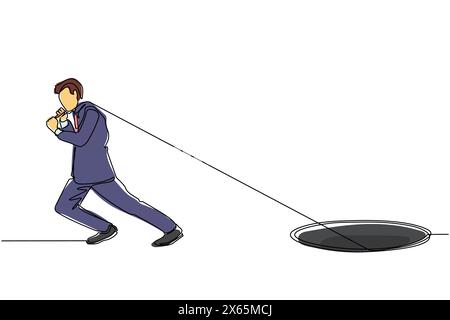 Ein Geschäftsmann mit durchgehender Linienzeichnung, der hart an einem Seil zieht, um etwas aus dem Loch zu ziehen, Metapher, um ein großes Problem zu bewältigen. Geschäftliche Probleme. O Stock Vektor