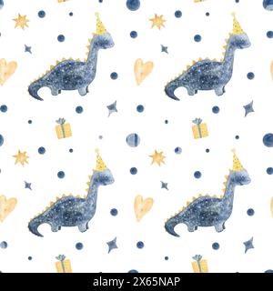 Nahtloses Muster Happy Birthday. Dinosaurier für Geschenkpapier, Geschenkpapier, Stoff, Tapete, Hintergrund. Isolierte Illustration für Aquarelle Stockfoto