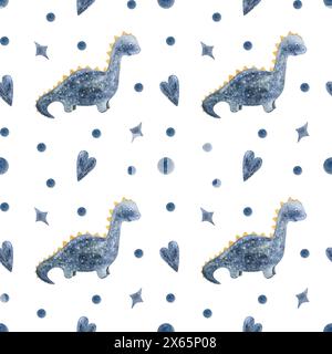 Nahtloses Muster Happy Birthday. Dinosaurier für Geschenkpapier, Geschenkpapier, Stoff, Tapete, Hintergrund. Isolierte Illustration für Aquarelle Stockfoto