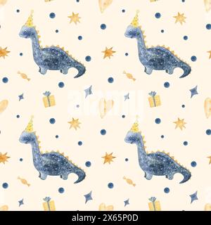Nahtloses Muster Happy Birthday. Dinosaurier für Geschenkpapier, Geschenkpapier, Stoff, Tapete, Hintergrund. Isolierte Illustration für Aquarelle Stockfoto