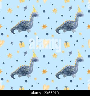Nahtloses Muster Happy Birthday. Dinosaurier für Geschenkpapier, Geschenkpapier, Stoff, Tapete, Hintergrund. Isolierte Illustration für Aquarelle Stockfoto