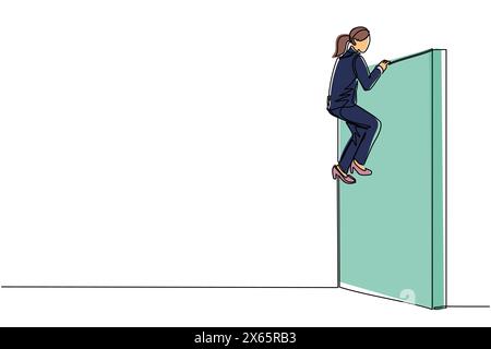Eine durchgehende, einzeilige Geschäftsfrau überwand Hindernisse, die sie blockierten, und besiegte die Widrigkeiten. Überwinden Sie Schwierigkeiten, um den Sieg zu erreichen. Stock Vektor