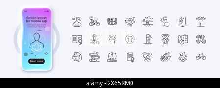 Symbole für Zertifikat, Schwimmbad und Führungsebene für Web-App. Piktogramsymbol. Bildschirm „Phone Mockup Gradient“. Vektor Stock Vektor