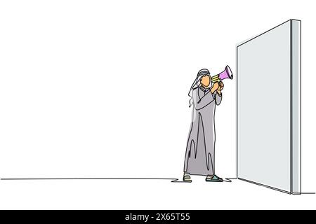 Eine durchgehende Linienzeichnung arabischer Geschäftsmann mit Megaphon vor der Wand. Der Mann schreit nach Megaphon. Die Führungskraft kündigt eine Karriereaktion an Stock Vektor