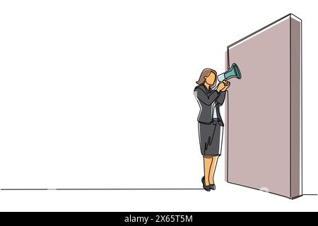Durchgehende einzeilige Geschäftsfrau mit Megaphon, die vor der Wand steht. Die Frau schreit nach Megaphon. Die Führungskraft kündigt eine berufliche Beförderung an. S Stock Vektor