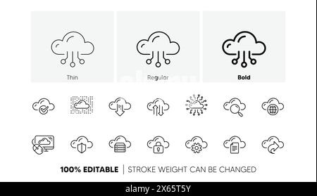 Computer-Cloud-Symbole. Hosting, Datenverarbeitung und Dateispeicherung. Lineare Symbolgruppe. Zeilensymbole. Vektor Stock Vektor