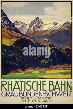 Vintage Swiss Travel Poster Rhätische Bahn. Graubünden, Schweiz von Emil Cardinaux, 1913 Stockfoto