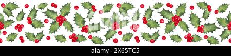 Nahtloser horizontaler Weihnachtsrahmen, Rahmen aus wintersternästen. Illustration mit Aquarell und Marker. Einrichtung für Neujahr und saisonale h Stockfoto