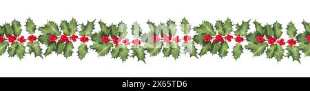 Nahtloser horizontaler Weihnachtsrand, Rahmen aus stechpalmenzweigen mit roten Beeren. Illustration mit Aquarell und Marker. Handgezeichnete isolierte Kunst. Deko Stockfoto
