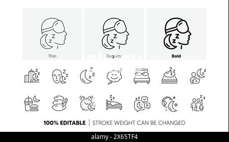 Symbole für Ruhezustand. Schlafkissen, Nachtbett und Schlaflosigkeit Ikonen. Zeilensymbole. Vektor Stock Vektor
