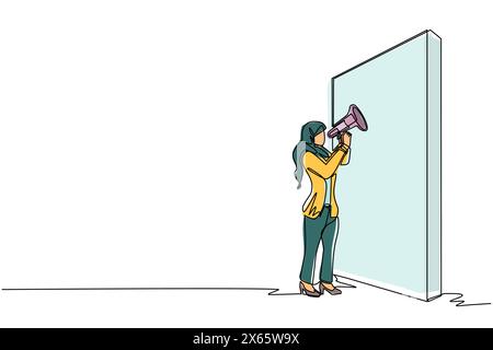 Durchgehende einzeilige arabische Geschäftsfrau mit Megaphon vor der Wand. Die Frau schreit nach Megaphon. Die Führungskraft kündigt den Karriereball an Stock Vektor