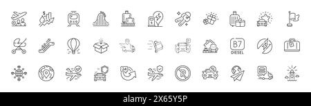 Symbole für Logistiknetzwerk, Flag- und Pkw-Leasing-Linien. Für Web-App drucken. Zeilensymbole. Vektor Stock Vektor