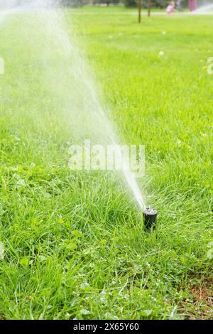 Automatischer intelligenter Rasenregner, der an sonnigen Tagen grünes Rasengras bewässert. Sprinkler mit automatischer Anlage mit verstellbarem Kopf, Gartenbewässerungsanlage. Stockfoto