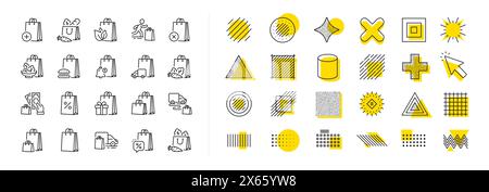 Symbole für die Einkaufsbeutellinie. Geschenkbox, Lieferung von Lebensmitteln und Sonderangebot Beutel-Set. Designelemente. Vektor Stock Vektor