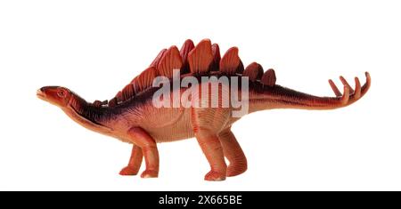 Realistisches plastisches Modell eines Stegosaurus-Dinosauriers auf weißem Hintergrund. Stockfoto