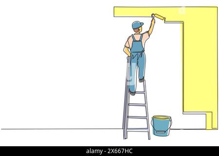 Ein einzeiliger Zeichenmaler, der auf einer Treppe steht, malt die Wand. Der Mann hält die Malerwalze in der Hand. Menschliche Läufe für Bauarbeiten. Worke Stock Vektor
