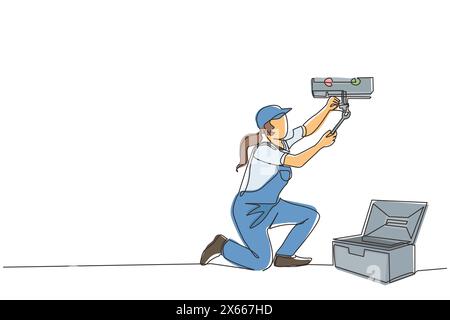 Eine einzige einzeilige Zeichnung weiblicher Klempner in der Gesamtheit installiert den Warmwasserbereiter oder Kessel. Reparatur-, Wartungs- und Sanitär-Service für Haushalte. Handywoman Concept Stock Vektor