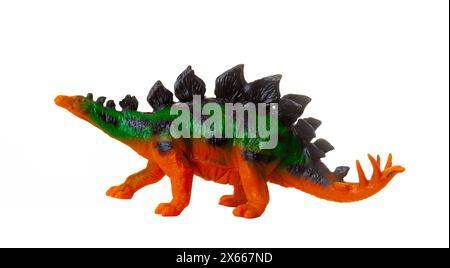 Realistisches plastisches Modell eines Stegosaurus-Dinosauriers auf weißem Hintergrund. Stockfoto