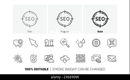 Symbole für Zahnrad, Präsentationstafel und Ziellinien des Rechners. Für Web-App drucken. Zeilensymbole. Vektor Stock Vektor