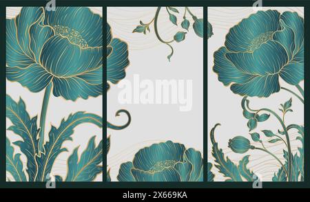 Elegante, prestigeträchtige Art déco-Hintergrundschablone mit Blumen. Das luxuriöse Design ist ein Art déco-Motiv mit grünen und goldenen Farben. Stock Vektor
