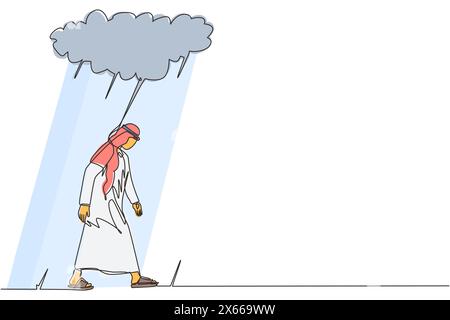 Eine einzige Linie, die einen unglücklichen depressiven, traurigen arabischen Geschäftsmann in Stress zeichnet, der unter der Regenwolke läuft. Allein Verlierer der männlichen Depression. Einsamkeit in Overc Stock Vektor