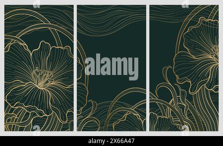 Elegante, prestigeträchtige Art déco-Hintergrundschablone mit Blumen. Das luxuriöse Design ist ein Art déco-Motiv mit grünen und goldenen Farben. Stock Vektor