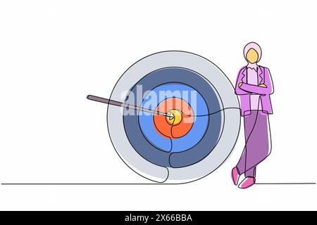 Durchgehende eine Linie, die eine arabische Geschäftsfrau oder Manager neben dem Ziel zeichnet. Pfeil traf genau das Ziel. Erfolgreiche Geschäftsstrategie, Marketin Stock Vektor