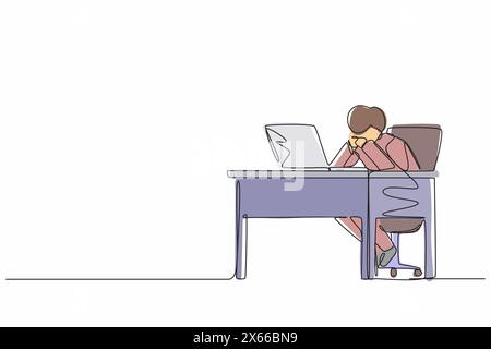 Einzeilige Zeichnung nachdenklicher Geschäftsmann, der am Laptop arbeitet. Frustrierter Mann im Zweifelsfall mit Hand-auf-Kinngeste. Arbeiten im Home Office. Remote-Job, AA Stock Vektor