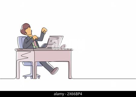 Ein durchgehender, einzeiliger Manager lacht laut, während er mit dem Finger auf den Laptop zeigt. Glück, Geschäftserfolg, Sieg, Führungskraft, Entwicklung c Stock Vektor