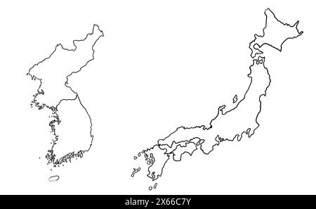 Konturzeichnung von Japan und Korea. Kartendarstellung ostasiatischer Länder. Stockfoto