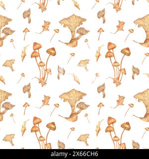 Aquarellmuster mit Pilzen. Sammlung von Herbstwald-Komposition mit Pilzen, Pflanzen. Natürliches trendiges Muster. Für Tapeten, Verpackung Stockfoto