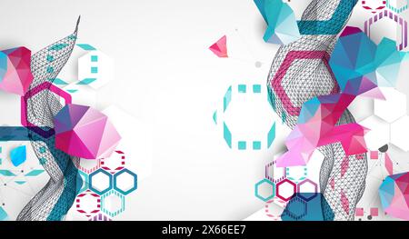 Abstrakte Drahtmodellwelle mit bunten Sechsecken und Plexus-Effekt. Wissenschaftlicher und technologischer Hintergrund. Vektor. Stock Vektor