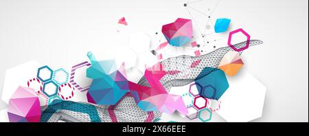 Abstrakte Drahtmodellwelle mit bunten Sechsecken und Plexus-Effekt. Wissenschaftlicher und technologischer Hintergrund. Vektor. Stock Vektor
