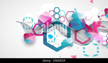 Abstrakte Drahtmodellwelle mit bunten Sechsecken und Plexus-Effekt. Wissenschaftlicher und technologischer Hintergrund. Vektor. Stock Vektor