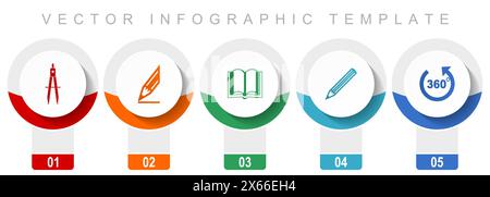 Bildungs-Symbolsatz, verschiedene Vektorsymbole wie Calipper, Bleistift, Buch und 360 Grad, moderne Infografik-Vorlage, Web-Schaltflächen in 5 Co Stock Vektor