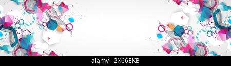 Abstrakte Drahtmodellwelle mit bunten Sechsecken und Plexus-Effekt. Wissenschaftlicher und technologischer Hintergrund. Vektor. Stock Vektor