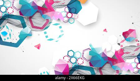 Abstrakte Drahtmodellwelle mit bunten Sechsecken und Plexus-Effekt. Wissenschaftlicher und technologischer Hintergrund. Vektor. Stock Vektor