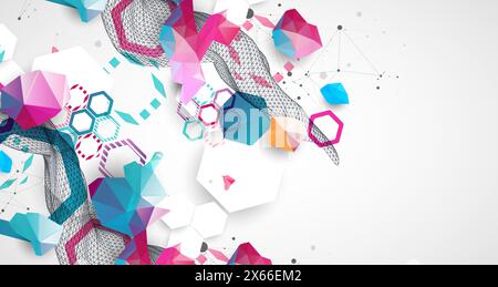 Abstrakte Drahtmodellwelle mit bunten Sechsecken und Plexus-Effekt. Wissenschaftlicher und technologischer Hintergrund. Vektor. Stock Vektor