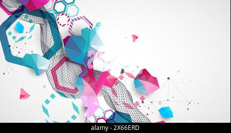 Abstrakte Drahtmodellwelle mit bunten Sechsecken und Plexus-Effekt. Wissenschaftlicher und technologischer Hintergrund. Vektor. Stock Vektor
