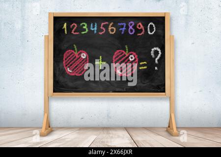 Lehrkreidezeichnung von Zahlen und Addition Stockfoto