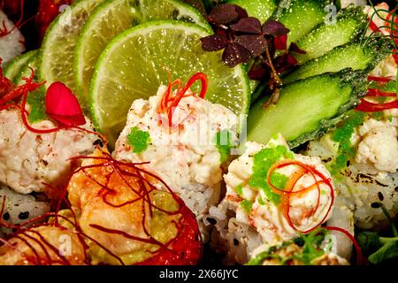 Makroaufnahme von farbenfrohen japanischen Sushi-Rollen-Platte Stockfoto