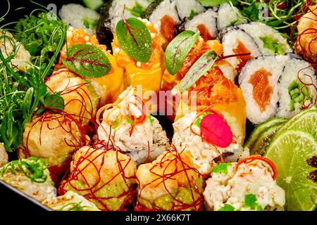 Makroaufnahme luxuriöser Sushi-Brötchen mit kunstvollen Verzierungen Stockfoto