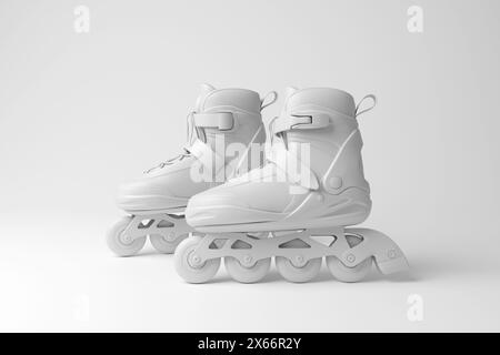 Weiße Inline-Skates auf weißem Hintergrund in Monochrom und Minimalismus. Illustration des Konzepts von Rollschuhlaufen, Sport und Produktmockup Stockfoto