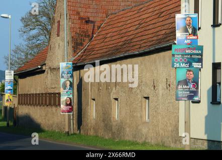 Wahlplakate 11.05.2024, Backleben, Wahlplakat zur Kommunalwahl / Europawahl am 26.05.2024 im Bild: unterschiedliche Wahlplakate u.a. CDU, AfD, MLPD, FDP sind an Laternenmasten angebracht *** Wahlplakate 11 05 2024, Backleben, Wahlplakat für die Kommunalwahl zum Europäischen Parlament am 26 05 2024 im Bild sind verschiedene Wahlplakate wie CDU, AfD, MLPD, FDP an Lampenpfosten angebracht Stockfoto