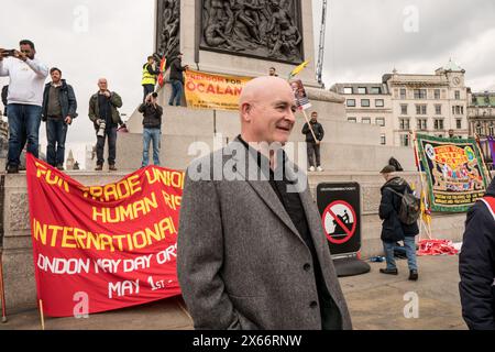 Mick Lynch bei der Maikundgebung am Trafalgar Square London am 1. Mai 2024, marsch von Clerkenwell nach Trafalgar Square Stockfoto